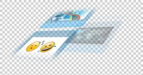 Floating flat design UI panels are showing DNA helix, world map, emojis over Foto stock