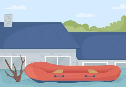 Floating flood rescue boat flat color vector illustration Illustrazione stock