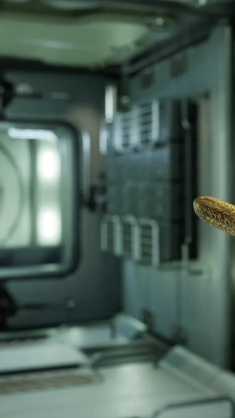 Floating food item in space station kitchen during food preparation Stock Footage 338426574