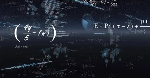 Floating formula cluster drifting in starfield visual, with globe integrals Stock Illustration