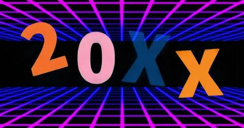 Floating four 3D alphanumeric characters in retro digital scene, with neon gr Stock Illustration