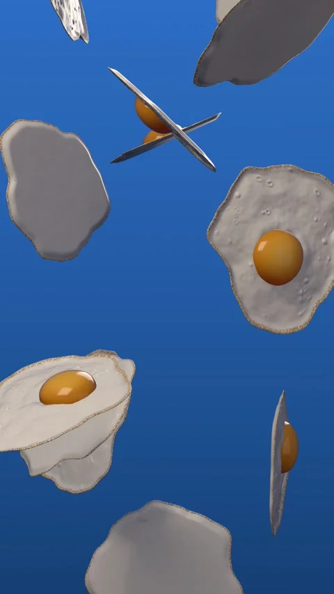 Floating fried eggs on blue backdrop. 3d rendering Stock Footage 341999894