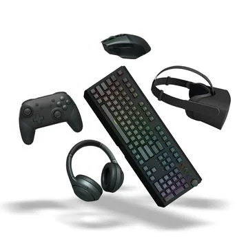 Floating gaming accessories like keyboard, mouse, controller, headset and VR  Illustrazione stock