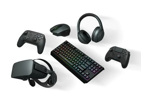 Floating gaming accessories like keyboard, mouse, controller, headset and VR  Illustrazione stock