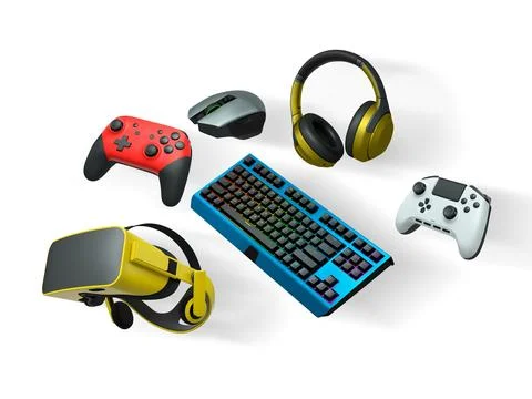 Floating gaming accessories like keyboard, mouse, controller, headset and VR イラスト素材