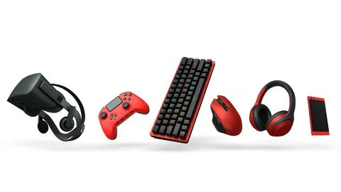 Floating gaming accessories like keyboard, mouse, controller, headset and VR Stock Illustration