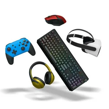 Floating gaming accessories like keyboard, mouse, controller, headset and VR Illustrazione stock