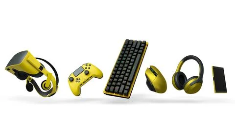 Floating gaming accessories like keyboard, mouse, controller, headset and VR Illustrazione stock