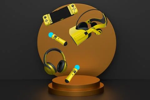 Floating gaming devices like VR headset, controllers, and headphones over podium Stock Illustration