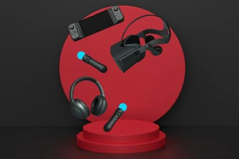 Floating gaming devices like VR headset, controllers, and headphones over podium Stock Illustration