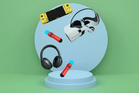 Floating gaming devices like VR headset, controllers, and headphones over podium Ilustração Stock