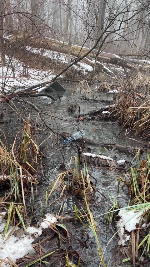 Floating Garbage and Plastic Debris in Stream Stock Footage 329319557