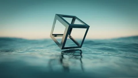 Floating Geometric Cube on Water Surface Stock Photos