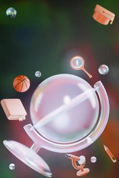 A floating glass globe surrounded by various objects including a basketball Illustrazione stock