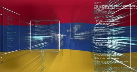 Floating glass panels and code columns forming vanishing grid in virtual space, Stock Illustration