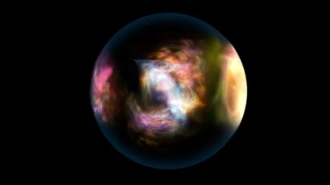 Floating glassy sphere with colorful nebula cloud inside on black background Stock Footage 329997693