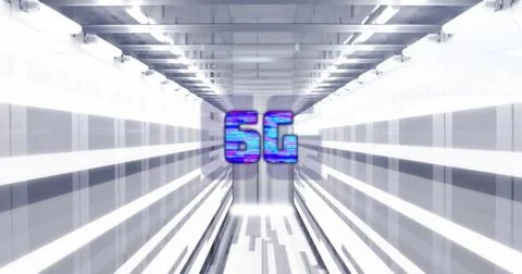Floating glitch-effect “5G” text moving through data tunnel, with metal panels Stock Photos
