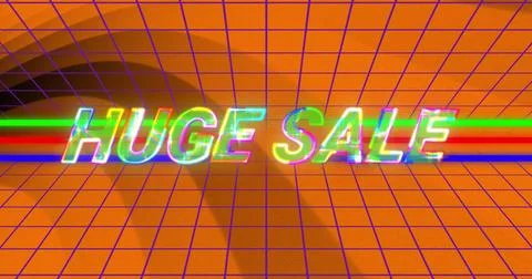 Floating glitch-style neon text reading HUGE SALE drifting in orange grid, with Foto stock