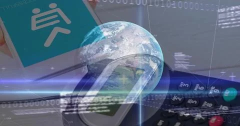 Floating globe amid binary streams, showcasing handheld smartphone icon and 写真素材