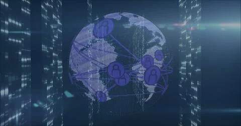 Floating globe at data hub, with purple user icons connecting via lines amid 写真素材