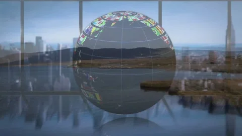 Floating globe with national flags and grid lines reflecting on glossy floor Stock Footage 328411277