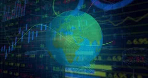 Floating globe rotating within trading dashboard, with fingerprint swirl Stock Photos