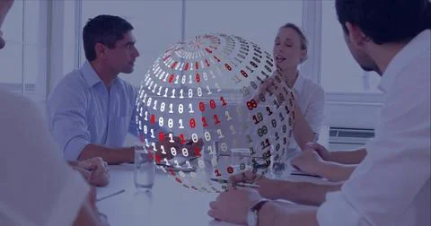 Floating globe showing binary above white table in bright meeting room with team Stock Photos