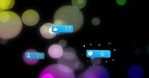 Floating glossy blue notification bubbles over abstract UI, showing 17 26 6 with Illustrazione stock