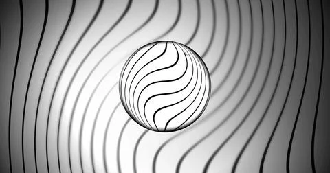 Floating glossy glass sphere refracting black wavy lines on studio striped Illustrazione stock