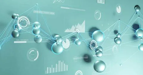 Floating glossy spheres linked by glowing lines pulsing on teal backdrop, Stock Illustration