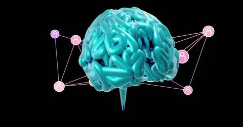 Floating glossy teal 3D brain model hovering in studio-style black void, with Ilustração Stock