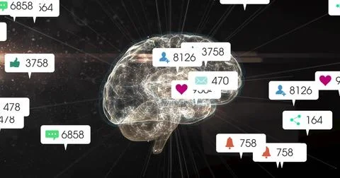 Floating glowing 3D brain emitting lit neural paths in dark digital space, with Stock Photos