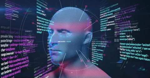 Floating glowing 3D mesh head model in virtual interface, showing code panels Stock Illustration