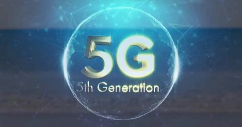 Floating glowing 5G text and 5th Generation label within digital network sphere, Stock Photos