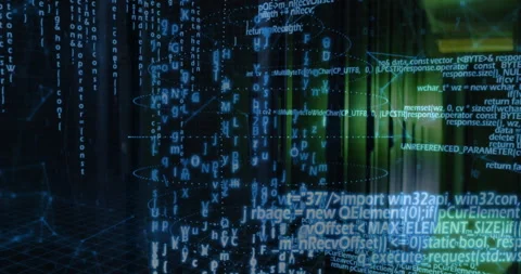 Floating glowing alphanumeric code bits spiraling over dark grid plane and Stock Footage 309283264