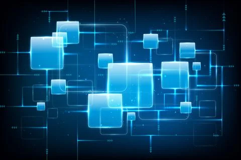 Floating glowing blocks connected by lines, representing advanced digital Stock Illustration