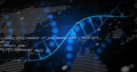 Floating glowing blue DNA double helix in digital environment, with world map 스톡 일러스트