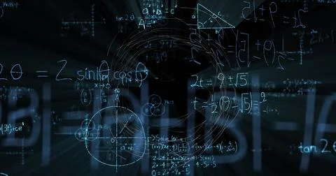Floating glowing blue equations moving through 3D tunnel, with trig functions Stock Photos