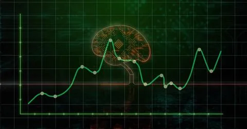 Floating glowing brain circuit above neon graph with data nodes, on digital grid 스톡 일러스트