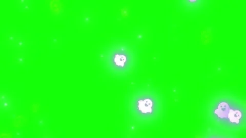 Floating glowing cartoon ghosts rising against bright green screen background Vidéo 345329968