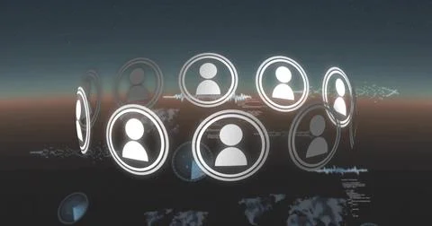Floating glowing circular avatar icons hovering above curved horizon, with Stock Illustration