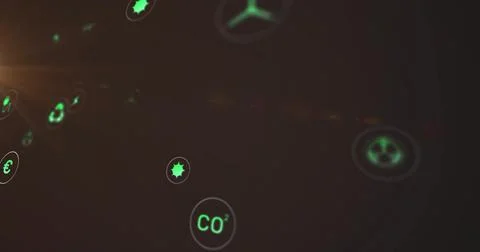 Floating glowing circular CO2 icon occupying center in dark virtual space, Illustrazione stock