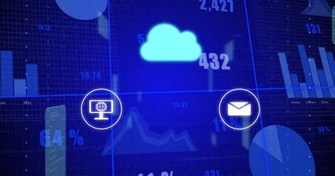Floating glowing cloud icon hovering over dashboard, with monitor icon, envelope 写真素材