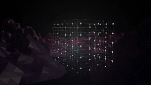 Floating glowing cube with grid pattern over mountainous landscape in animation Stock Footage 306169948