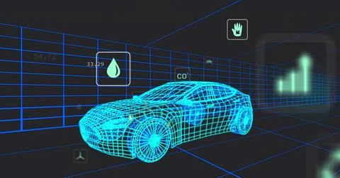 Floating glowing cyan 3D wireframe sedan model in black grid space, with digital Illustrazione stock