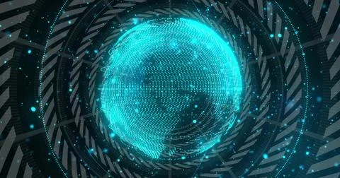 Floating glowing cyan data sphere in futuristic digital void, drifting particles Illustrazione stock