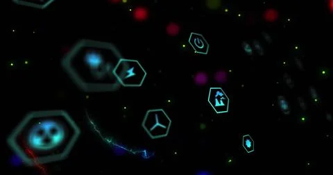 Floating glowing cyan hex cluster drifting in virtual UI, showing power Stock Illustration