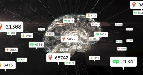 Floating glowing digital brain mapping neural connections in dark virtual spa Illustrazione stock