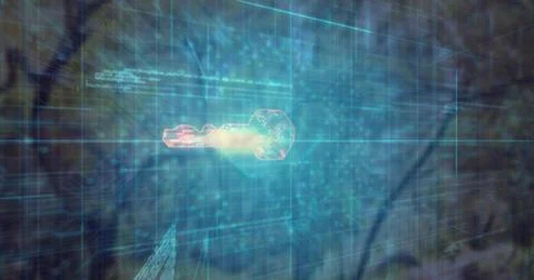 Floating glowing digital key showing hex head notched shaft over forest Stock Photos