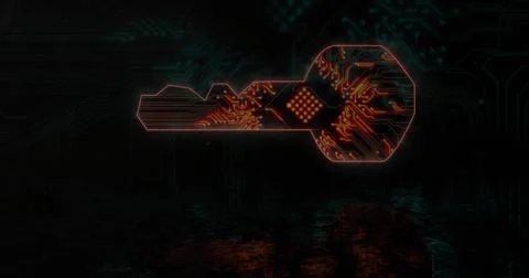 Floating glowing electronic key occupying tech space, showing circuit traces and Illustrazione stock